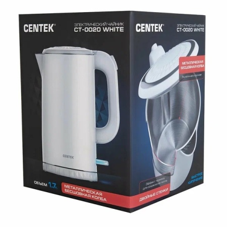 5. Чайник Centek CT-0020 металл 1.7л, 2200W, бесшовная колба, двойные стенки