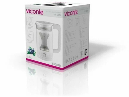 3. Чайник VICONTE VC-3308 белый стекло-пластик 1,5л, 2кВт