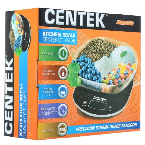 3. Весы кухонные Centek CT-2456 (шоколад) электр., max 7кг(!!!), шаг 1г, большая съемная чаша, дисплей